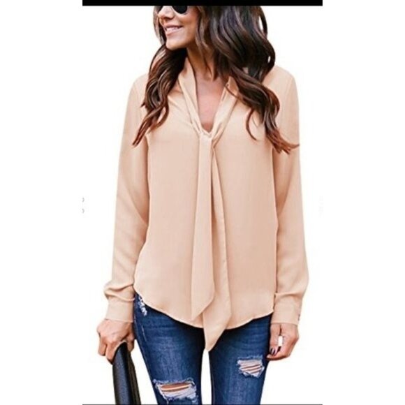 Yidarton Womens Blush Pink Long Sleeve Tie Neck Blouse Polyester M - Picture 1 of 8